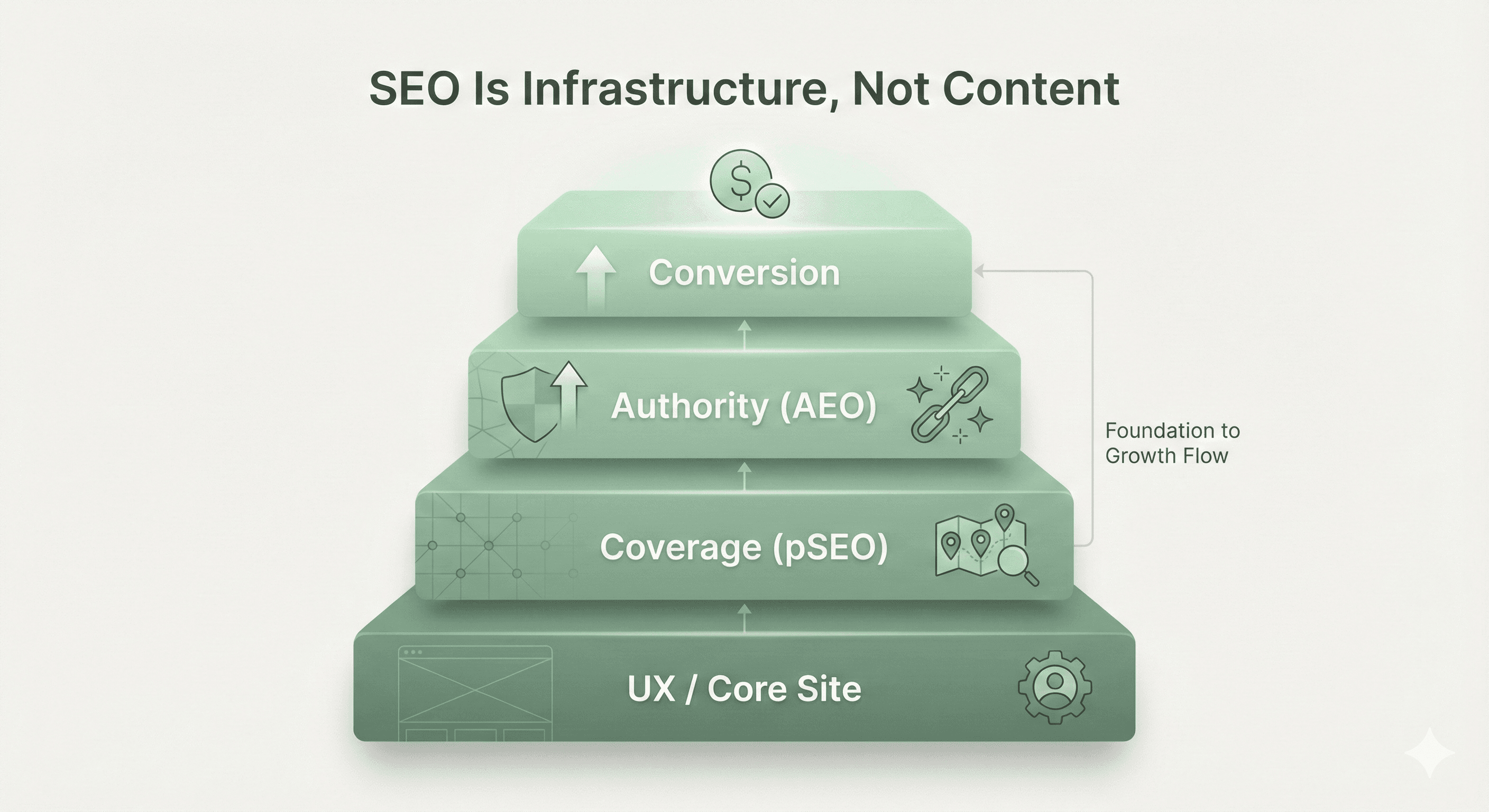 Layered diagram showing foundation, pSEO, AEO, and conversion