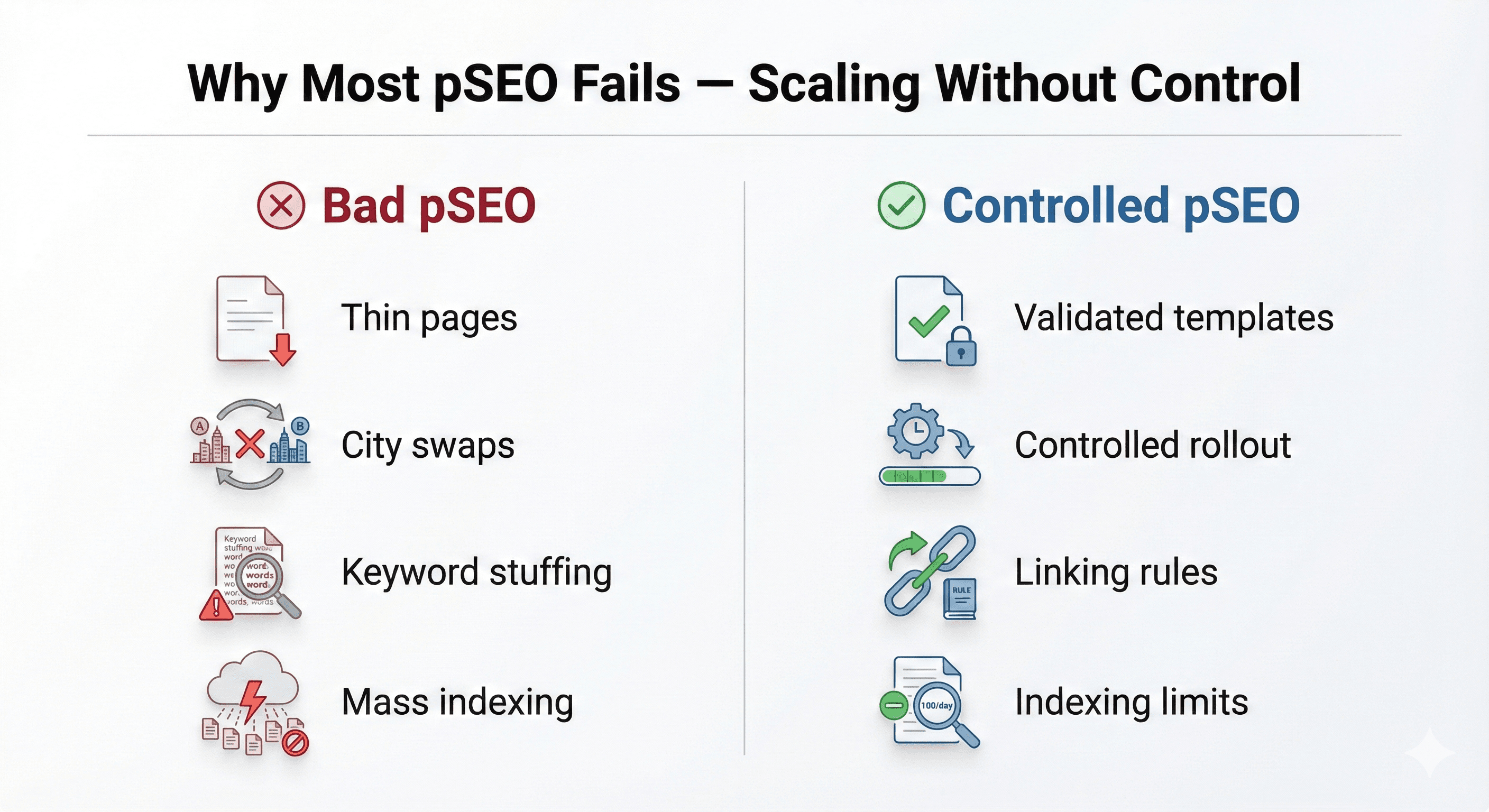 Comparison showing controlled pSEO vs bad pSEO